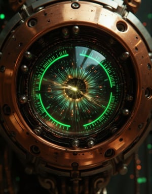 An extreme close-up of a futuristic robot's eye, featuring intricate mechanical details. The iris is a glowing green ring surrounded by metallic parts with tiny gears spinning inside. The reflections in the eye show a vast data stream, with binary code flowing across the surface. The surrounding area is polished copper, reflecting subtle lighting from nearby consoles and screens. The focus is intense, capturing every fine detail of the machinery in a highly futuristic style, with an ultra-realistic rendering. 