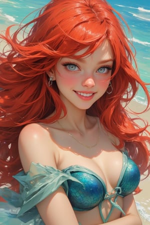 1girl,Soft colorful illustration of Mermaid Ariel with a radiant smile. Close-up portrait, vibrant watercolor style,
long, flowing red hair, Wearing Mermaid Ariel costume. 
Warm blue eyes twinkling with joy, dimples visible. Soft, glowing skin tones,
Background: sea of a paradise beach.
Art style: Blend of realistic features and whimsical, dreamlike elements. Soft edges, no harsh lines. Rich, saturated colors with gentle gradients.
Overall mood: Joyful, celebratory of european culture and youth.,Midjourney_Whisper,animaport