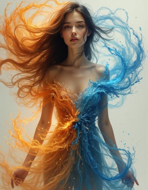 A depiction of a beautiful woman as an Elemental Fusion, blending earth, water, fire, and air. Use golden and pale blue for the fiery and airy elements and umber and cerulean for the earthy and watery aspects