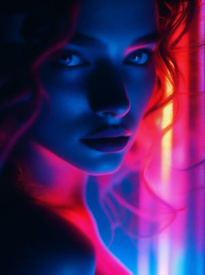 woman illuminated by vibrant electric hues, Reflections multiplying into infinity, Contemplative gaze towards the viewer, Shadows deep and stark, Subtle neon gradients, Ethereal glow on skin, Inner thoughts visualized as glowing symbols. Sharp contrasts between light and dark, film grain, Dreamlike atmosphere, Blurred boundaries between real and reflected