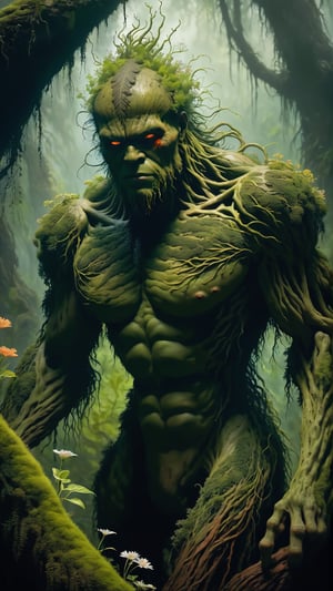 art by (apterus:1.3). distant shot of (((The Swamp Thing))) overgrown with vegetation and flowers. Amazing anatomy, (fiery eyes), wood, leafs, cracks, moss, (apterus creepy anatomy:1.2), swampthing, dark mood, swamp