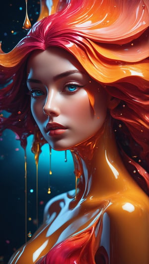 ultra detailed artistic abstract photography of liquid lust, detailed captivating eyes on molten statue, asymmetrical, gooey liquid hair, color exploding lips, highly refractive skin, Digital painting, colorful, volumetric lighting, 8k, by Cyril Rolando, by artgerm, Trending on Artstation, 16k resolution, 300 dpi, 600 dpi, 4k, Contest winner, High definition, detailed, realistic, 8k uhd, high quality,  subsurface scattering, translucent skin, glow, bloom, Bioluminescent liquid, vibrant,Leonardo Style