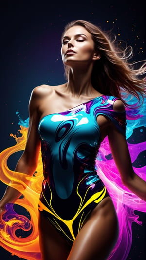 cinematic photo thin, fine fractal glossy vivid [explosion of colors] colored ink sketch shiny contours outlines of a perfect physique female silhouette 
 . 35mm photograph, film, bokeh, professional, 4k, highly detailed