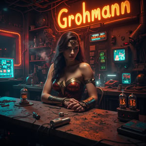 Wonder Woman sits at a dirty table in a cyberpunk setting, wearing impressive armor, muscular and toned skin, and the table is covered in cyberpunk gadgets, wires, and neon lights. Vintage vacuum tubes and Nixie tubes spell out the word "Grohmann" ''Siga o perfil'' and glow in a warm orange light. The background is a dimly lit, cluttered workshop with holographic displays and spark circuits. Neon signs and LED strips cast a colorful glow on the scene, contrasting with the girl's dreamy whiteness. The atmosphere is a mix of high-tech and filthy aesthetics, with steam rising from the vents and a haze of electronic smog. ,Midjourney_Whisper,futurediff