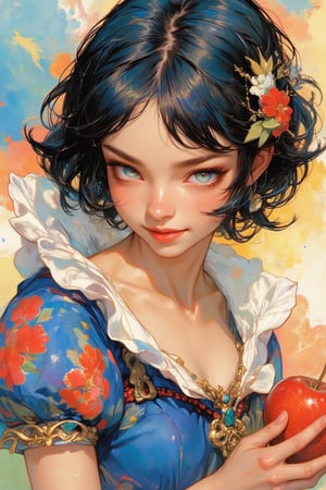 1girl,Soft colorful illustration of princess Snow White with a radiant smile  and an apple on her hand. Close-up portrait, vibrant watercolor style,
short, flowing black hair, Wearing Snow White costume. 
Warm blue eyes twinkling with joy, dimples visible. Soft, glowing skin tones,
Background: Abstract swirls of pastel colors, suggesting nature (sky blue, grass green, sunset orange),
Art style: Blend of realistic features and whimsical, dreamlike elements. Soft edges, no harsh lines. Rich, saturated colors with gentle gradients.
Overall mood: Joyful, celebratory of european culture and youth.,Midjourney_Whisper,animaport