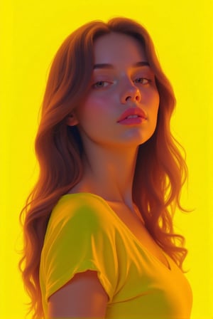 In the style of realistic, a stunning young womanin front of a solid neon yellow background. 