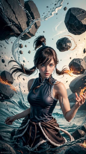 Cinematic, solo, 1girl, korra, (((dark skin))), dark-skinned female, ponytail, hair tubes, sleeveless, bare shoulders, (levitating:1.4, floating rock:1.4, floating water:1.4), ((anger's fiery fury)), colorful_aura:1.5, energy_flowing, water_flowing, angry vibe, dynamic pose, upper_body, Epic zenith, fantasy theme, Depth of field, Film Still, pretopasin, abstract, traditional media, casting spell, NightmareFlame, oni style
