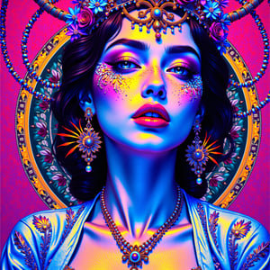 A Goddess portrait in the style of Vaporwave Baroque, with classical elements juxtaposed against 80s retrofuturism, drenched in hues of Electric Blue, Chrome Yellow