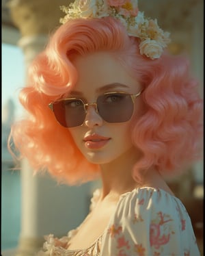 Portrait of a woman with baroque-inspired hair in shades of pinks and oranges, wearing vintage sunglasses, with rococo-inspired floral patterns, a dreamy atmosphere,  close-up, surrealistic, and soft lighting, pastel colors, in the style of David LaChapelle, shot on Kodak Portra film stock, high resolution