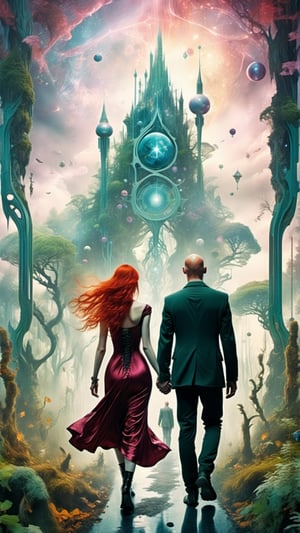 a dreamlike depiction of the essence of exploration, (1 bald man, 1 redhaired woman), holding hands, walking away from camera, exploring a mix of fantasy forest on the left and futuristic city on the right, dreamscape, bizarre hallucinations, dreampunk, ghosts, tarot art, best quality, full body portrait, beautiful, perfect detail, ornate, rule of thirds,Tarot Card Style, aw0k straightsylum,