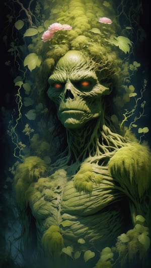 art by (apterus:1.3). (((The Swamp Thing))) overgrown with vegetation moss and flowers. Amazing anatomy, (fiery eyes), wood, leafs, branches, bushes, cracks, moss, (apterus creepy anatomy:1.2), swampthing, dark mood, swamp, fog