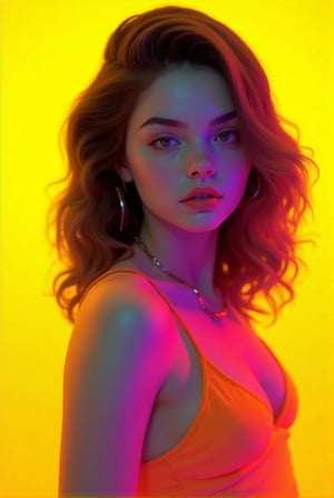 In the style of realistic, a stunning young womanin front of a solid neon yellow background. 