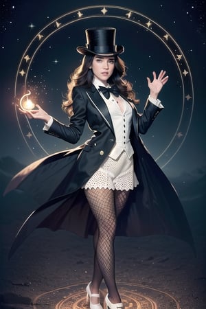 1 girl, full body, Zatanna, cute face, smile, black jacket, (black bowtie), (detailed white vest), fishnet, pantyhose, (top hat), (pale skin), colorful, wallpaper,  Unknown terror, arcane, Around the magic ,magic surrounds ,magic rod, book, pages flying all over the sky, Know it all, Predicting the Future, Know the past, Infinite wisdom, blue flame, Warlock, Magical Circle, Pentagram, incantation, mantra, Singing magic, magical circle, night background, JenniferConnelly
