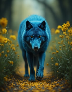 brave blue wolf in a path covered by little mustard seeds. he is strong, bold, powerful, wise. Illumination style, 3d, masterpiece, small centered composition, product shot, wallpaper art, Rule of Thirds, best, dynamic composition, magnificent, intense, perfect background