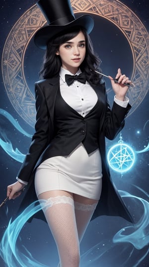 1 girl, full body, Zatanna, black hair, cute face, smile, black jacket, (black bowtie), (detailed white vest), fishnet, pantyhose, (top hat), (pale skin), colorful, Unknown terror, arcane, Around the magic ,magic surrounds ,magic rod, pages flying all over the sky, Know it all, Predicting the Future, Know the past, Infinite wisdom, blue flame, Warlock, Magical Circle, Pentagram, incantation, mantra, Singing magic, magical circle, circle, night background, JenniferConnelly