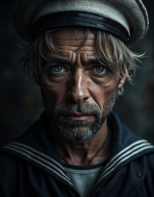 ((Style Peter Lindberg 0.4; Lee Jeffries 0.6)), ((masterpiece: 1.2), (best quality, ultra detailed, photo realistic: 1.37) high quality, high definition, super detailed, unreal engine, award-winning photograph, ultra realistic photography, 3d, 8k, cinematic lighting, volumetric lights, hard edge lighting, hyper-realistic photography, HDR, volume,  represent a realistic POPEYE the sailor man