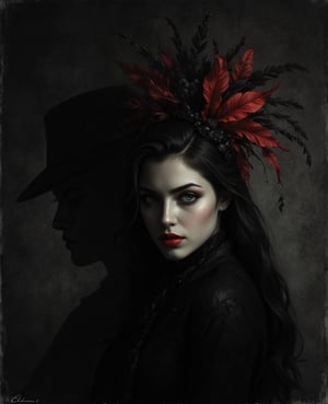 Depict a femme fatale immersed in a Neo-Noir Shadowplay scene, utilizing dramatic contrasts of light and shadow . The composition should evoke mystery and tension, rendered predominantly in deep blacks and grays with subtle accents of scarlet and pewter