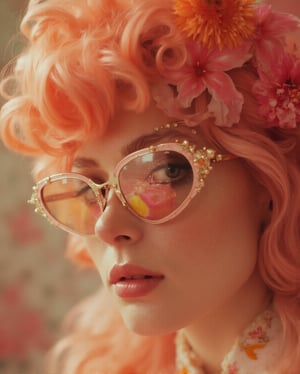 Portrait of a woman with baroque-inspired hair in shades of pinks and oranges, wearing vintage sunglasses, with rococo-inspired floral patterns, a dreamy atmosphere,  close-up, surrealistic, and soft lighting, pastel colors, in the style of David LaChapelle, shot on Kodak Portra film stock, high resolution, detailed skin, masterpiece