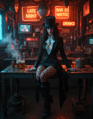 close-up shot, Zatanna sits at a dirty table in a cyberpunk setting, wearing a top hat, a black tuxedo jacket with a white top underneath and a white bow-tie around her neck, with black fishnet tights and black, knee-high high-heeled boots. the table is covered in cyberpunk gadgets, wires, drinks, beers, potions and neon lights. Vintage vacuum tubes and Nixie tubes. Neon signs at backgroound spell out the words "LATE NIGHT" "BAR" "DRINKS" and glow in a warm orange light. The background is a dimly lit, cluttered workshop with holographic displays and spark circuits. Neon signs and LED strips cast a colorful glow on the scene, contrasting with the girl's dreamy whiteness. The atmosphere is a mix of high-tech and filthy aesthetics, with steam rising from the vents and a haze of electronic smog. ,Midjourney_Whisper,futurediff