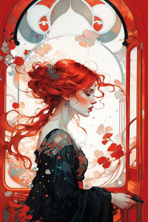 beautiful red haired girl, by Alphonse Mucha, Alice X. Zhang, Pascal Campion, intricate black pen illustration, hyper-detailed scribble art