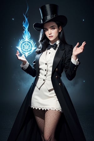 1 girl, full body, Zatanna, cute face, smile, black jacket, (black bowtie), (detailed white vest), fishnet, pantyhose, (top hat), (pale skin), colorful, wallpaper,  Unknown terror, arcane, Around the magic ,magic surrounds ,magic rod, book, pages flying all over the sky, Know it all, Predicting the Future, Know the past, Infinite wisdom, blue flame, Warlock, Magical Circle, Pentagram, incantation, mantra, Singing magic, magical circle, night background, JenniferConnelly