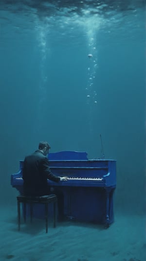 Man playing piano underwater, (cobalt blue tone:1.8), (dark:1.8), from_side, painting by jakub rozalski