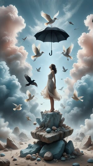 Create an image featuring a serene surreal scene where a figure sits atop a delicately balanced stack of three stones against a pastel blue sky with wispy clouds. The figure holds an elegant black umbrella while floating effortlessly in mid-air, legs crossed in repose. Nearby, two white birds glide gracefully through the air. The color palette should consist of soft blues for the sky, off-white for the stones, and peach and beige tones for the figure's flowing dress.