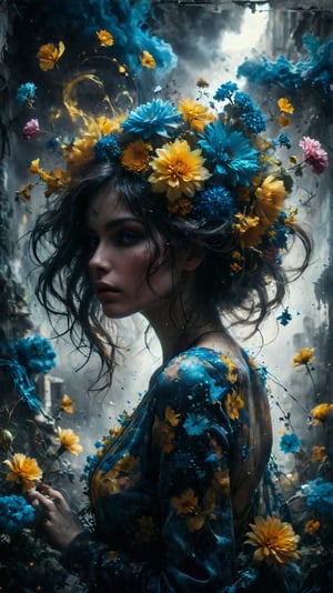 ethereal photography,A striking scale representation of yellows and blues of a woman's silhouette, holding a vibrant bouquet of flowers that contrasts with its monochromatic appearance. Her hair is an explosion of colorful, swirling lines and splashes, resembling an abstract painting. The dark fantasy-inspired background shows a combination of fashion, illustration and graffiti elements. The vivid colors of her hair and flowers create a captivating visual effect that draws the viewer into this mysterious and enchanting scene., vibrant, fashion, painting, illustration, graffiti, dark fantasy