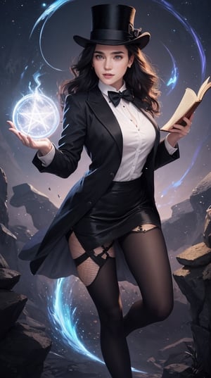 1 girl, full body, Zatanna, cute face, smile, black jacket, (black bowtie), (detailed white vest), fishnet, pantyhose, (top hat), (pale skin), colorful, Unknown terror, arcane, Around the magic ,magic surrounds ,magic rod, flying books, pages flying all over the sky, Know it all, Predicting the Future, Know the past, Infinite wisdom, blue flame, Warlock, Magical Circle, Pentagram, incantation, mantra, Singing magic, magical circle, circle, night background, JenniferConnelly