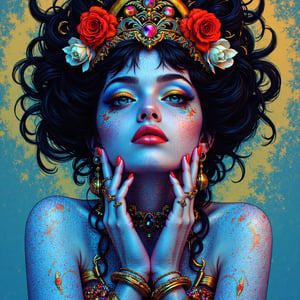 A Goddess portrait in the style of Vaporwave Baroque, with classical elements juxtaposed against 80s retrofuturism, drenched in hues of Electric Blue, Chrome Yellow