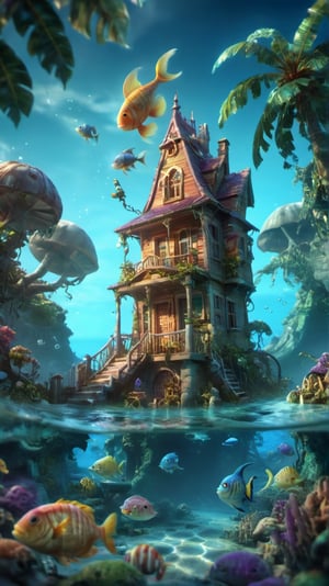 MAGICAL cute STORYBOOK tropical bay , shabby STYLE lovely house on the tropical bay ON THE book PAGE, summer, tropical fish in the water. Modifiers: highly detailed dof trending on cgsociety steampunk fantastic view ultra detailed 4K 3D whimsical Storybook beautifully lit etheral highly intricate stunning color depth disorderly outstanding cute illustration cuteaesthetic Boris Vallejo style shadow play The mood is Mysterious and Spellbinding, with a sense of otherworldliness otherwordliness macro photography style LEONARDO DIFFUSION XL STYLE vintage-boho