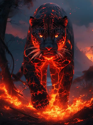 A giant brazilian jaguar with glowing red eyes, fur crackling with embers, and sharp, flaming claws. It stands poised to strike, its tail trailing a fiery path. The ground is a scorched wasteland, with molten lava pooling around the blackened rocks. Burned forrest at background. Full body shot.