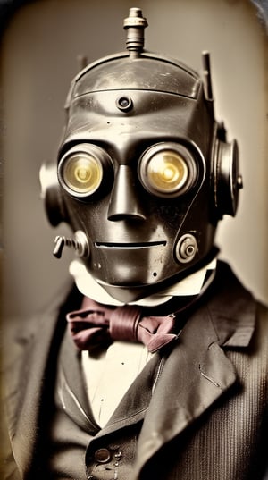 distressed condition, (no background), slightly colorized clothing 19th century  closeup cabinet card of [a  robot man:steampunk Din Djarin]
