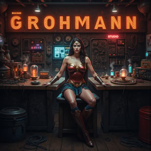 Wonder Woman sits at a dirty table in a cyberpunk setting, wearing impressive armor, muscular and toned skin, and the table is covered in cyberpunk gadgets, wires, and neon lights. Vintage vacuum tubes and Nixie tubes spell out the word "Grohmann" ''Studio'' and glow in a warm orange light. The background is a dimly lit, cluttered workshop with holographic displays and spark circuits. Neon signs and LED strips cast a colorful glow on the scene, contrasting with the girl's dreamy whiteness. The atmosphere is a mix of high-tech and filthy aesthetics, with steam rising from the vents and a haze of electronic smog. ,Midjourney_Whisper,futurediff