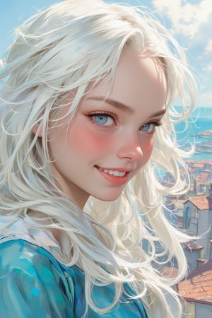 1girl,Soft colorful illustration of Princess Kida from Atlantis, with a radiant smile. Portrait, vibrant watercolor style,
long, flowing white hair, Wearing a Princess Kida costume. 
Warm blue eyes twinkling with joy, dimples visible. Soft, glowing skin tones,
Background: Atlantis city.
Art style: Blend of realistic features and whimsical, dreamlike elements. Soft edges, no harsh lines. Rich, saturated colors with gentle gradients.
Overall mood: Joyful, celebratory of european culture and youth.,Midjourney_Whisper,animaport