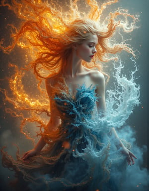 A depiction of a beautiful woman as an Elemental Fusion, blending earth, water, fire, and air. Use golden and pale blue for the fiery and airy elements and umber and cerulean for the earthy and watery aspects