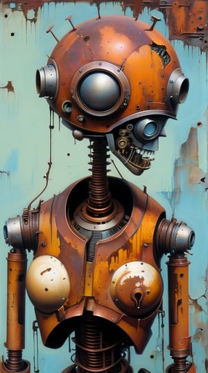 strange surreal, mechano-organic anthropomorphic characters, rust, old peeling multilayer paint, cyberpunk, gothic, masterpiece from the amazing, incomparable, greatest artist of our time, ingenious painter, talented creator of masterpieces Dan Slumper, high detail, bicubic, 300dpi