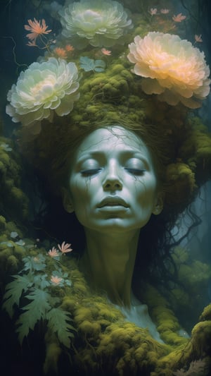 art by (apterus:1.3). shot from below of (((Mother Nature))) overgrown with vegetation moss and flowers. Amazing anatomy, (fiery eyes), wood, leafs, branches, bushes, cracks, moss, (apterus creepy anatomy:1.2), dark mood, jungle, fog, peaceful, extreme detailed