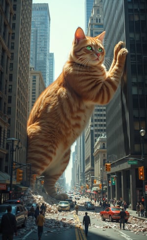 A gigantic, orange tabby cat, its fur detailed with lifelike, hyperrealistic textures, towers above the city skyline, rubbing its massive body against the glass windows of towering skyscrapers. The feline, with curious, glowing green eyes, is gently nudging the buildings, unaware of the destruction it’s causing. Below, tiny people scatter in panic, their faces frozen in expressions of horror, as cars are overturned and homes crushed under the weight of the colossal cat. The city streets, bathed in natural daylight, are a chaotic mix of broken concrete, smashed vehicles, and overturned streetlights. The lighting captures every detail of the scene—the shimmering fur of the cat, the glass reflecting sunlight from the buildings, and the shocked expressions on the people’s faces. The contrast between the cat’s innocent behavior and the humans’ terror creates a surreal yet realistic atmosphere, evoking a sense of awe and chaos, as if an iPhone camera captured this unbelievable moment in perfect clarity. jntsmoscuro