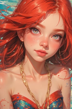 1girl,Soft colorful illustration of Mermaid Ariel with a radiant smile. Close-up portrait, vibrant watercolor style,
long, flowing red hair, Wearing Mermaid Ariel costume. 
Warm blue eyes twinkling with joy, dimples visible. Soft, glowing skin tones,
Background: sea of a paradise beach.
Art style: Blend of realistic features and whimsical, dreamlike elements. Soft edges, no harsh lines. Rich, saturated colors with gentle gradients.
Overall mood: Joyful, celebratory of european culture and youth.,Midjourney_Whisper,animaport