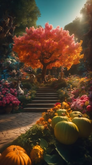 cinematic photo Arcane,  Abdul Djalil Pirous, Alice in Wonderland,  wandering in Enchanted Garden, beautiful,  whimsical wonderland with oversized flowers, talking animals, hidden pathways, swirling lights:1.2, light particles:0.9,life-like, Incorporates vibrant colors, unusual plant arrangements, and fantastical creatures, texture, masterpiece, great art, high quality, best quality, highly detailed, 8k, wide shot, panorama, (Bottom view:1.1), Kodachrome,1970s,(8k, RAW photo, highest quality), eye focus, close up,sharp focus,(detailed eyes:0.8), (masterpiece,best quality:1.5) . 35mm photograph, film, bokeh, professional, 4k, highly detailed