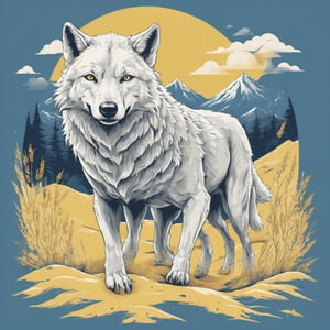 Create a t-shirt design that combines LEADERASHIP with a touch of whimsy. Illustration of of an white wolf AND a path of yellow grains of sand. blue background.  sharper, clean lines, outline, muted colors, minimum details, minimal detalled, tshirt design