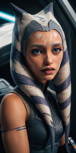 photorealistic stunningly beautiful dynamic [close-up shot], face portrait, 1girl, solo, (blue eyes), ((colored orange skin)), arm tattoos, ahsokatano, extremely detailed eyes, realistic eyeballs, detailed symmetric realistic face, symetric eyeballs, small eyeballs, natural orange skin texture, extremely detailed orange skin, with skin pores, peach fuzz, small freckels, small lips, delicate face, wearing armor, tight shorts, boots, gloves, (lightsaber), (spaceship neon background), masterpiece, absurdres, award winning photo by lee jeffries, nikon d850 film stock photograph, kodak portra 400 camera f1.6 lens, extremely detailed, amazing, fine detail, rich colors, hyper realistic lifelike texture, natural shadow, unrealengine, trending on artstation, cinestill 800 tungsten, photo realistic, RAW photo, TanvirTamim, high quality, highres, sharp focus, cinematic lighting, 8k uhd, clean composition, strong details, beautiful colors, style raw