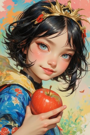 1girl,Soft colorful illustration of a young princess Snow White with a radiant smile  and an apple on her hand. Close-up portrait, vibrant watercolor style,
short, flowing black hair, Wearing Snow White costume. 
Warm blue eyes twinkling with joy, dimples visible. Soft, glowing skin tones,
Background: Abstract swirls of pastel colors, suggesting nature (sky blue, grass green, sunset orange),
Art style: Blend of realistic features and whimsical, dreamlike elements. Soft edges, no harsh lines. Rich, saturated colors with gentle gradients.
Overall mood: Joyful, celebratory of european culture and youth.,Midjourney_Whisper,animaport