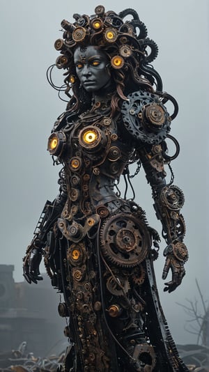 Medusa from Greek mythology, made from gears rusted metal, and glowing parts, with its hair made of many metalic snakes. The medusa's body is an intricate assembly of interlocking gears and corroded metal plates, giving it a rugged, industrial appearance. Its eyes and certain joints feature glowing, luminescent elements that pulse with an eerie light. The snakes, constructed from overlapping metal bolts, are extended majestically, each scale adorned with tiny, glowing circuits. The background is a dark, misty landscape with hints of ancient ruins, enhancing the mythical and mechanical nature of this fantastical creature,adding to the steampunk atmosphere.",Mechanical