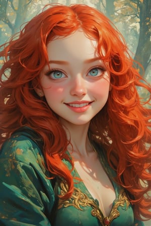 1girl,Soft colorful illustration of Princess Merida from Disney, with a radiant smile. Portrait, vibrant watercolor style,
long, flowing curly red hair, Wearing a green Princess Merida costume. 
Warm blue eyes twinkling with joy, dimples visible. Soft, glowing skin tones,
Background: enchanted irish forest.
Art style: Blend of realistic features and whimsical, dreamlike elements. Soft edges, no harsh lines. Rich, saturated colors with gentle gradients.
Overall mood: Joyful, celebratory of european culture and youth.,Midjourney_Whisper,animaport