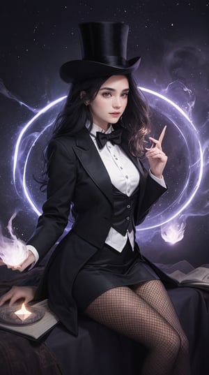1 girl, full body, Zatanna, black hair, cute face, smile, black jacket, (black bowtie), (detailed white vest), fishnet, pantyhose, (top hat), (pale skin), colorful, Unknown terror, arcane, Around the magic ,magic surrounds ,magic rod, pages flying all over the sky, Know it all, Predicting the Future, Know the past, Infinite wisdom, blue flame, Warlock, Magical Circle, Pentagram, incantation, mantra, Singing magic, magical circle, circle, night background, JenniferConnelly