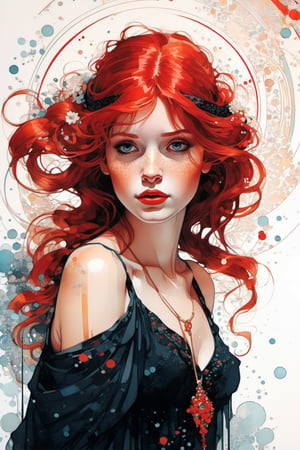 beautiful red haired girl, by Alphonse Mucha, Alice X. Zhang, Pascal Campion, intricate black pen illustration, hyper-detailed scribble art