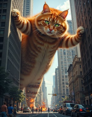 A gigantic, orange tabby cat, its fur detailed with lifelike, hyperrealistic textures, towers above the city skyline, rubbing its massive body against the glass windows of towering skyscrapers. The feline, with curious, glowing green eyes, is gently nudging the buildings, unaware of the destruction it’s causing. Below, tiny people scatter in panic, their faces frozen in expressions of horror, as cars are overturned and homes crushed under the weight of the colossal cat. The city streets, bathed in natural daylight, are a chaotic mix of broken concrete, smashed vehicles, and overturned streetlights. The lighting captures every detail of the scene—the shimmering fur of the cat, the glass reflecting sunlight from the buildings, and the shocked expressions on the people’s faces. The contrast between the cat’s innocent behavior and the humans’ terror creates a surreal yet realistic atmosphere, evoking a sense of awe and chaos, as if an iPhone camera captured this unbelievable moment in perfect clarity. jntsmoscuro