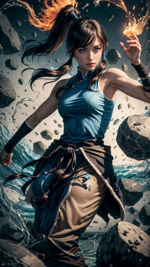 Cinematic, solo, 1girl, korra, (((dark skin))), dark-skinned female, ponytail, hair tubes, sleeveless, bare shoulders, (levitating:1.4, floating rock:1.4, floating water:1.4), ((anger's fiery fury)), colorful_aura:1.5, energy_flowing, water_flowing, angry vibe, dynamic pose, upper_body, Epic zenith, fantasy theme, Depth of field, Film Still, pretopasin, abstract, traditional media, casting spell, NightmareFlame, oni style